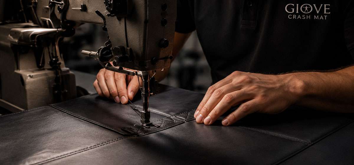 Artigiano al lavoro sulla cucitura di un crash mat Giove con macchina da cucire industriale e materiali tecnici professionali